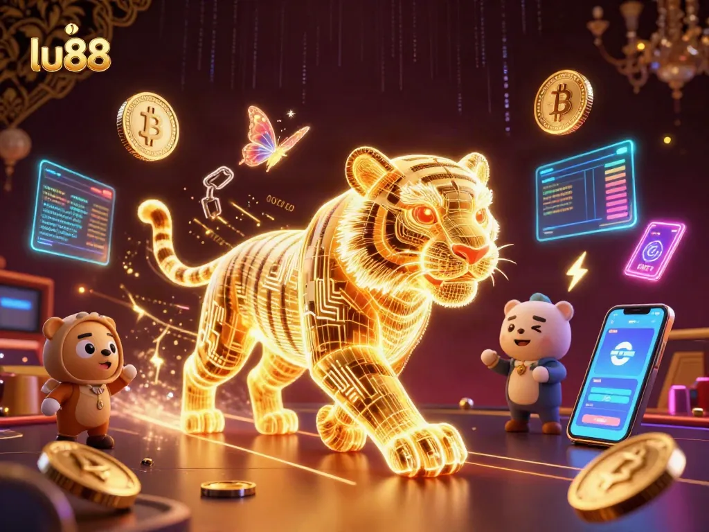 Experience lu88's vibrant casino action with a glowing tiger and digital elements in a stunning 3D illustration.