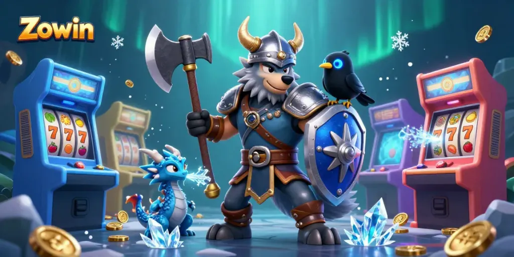 Engage with Zowin's thrilling quest featuring a Viking wolf warrior and a fierce dragon in a vibrant casino realm.