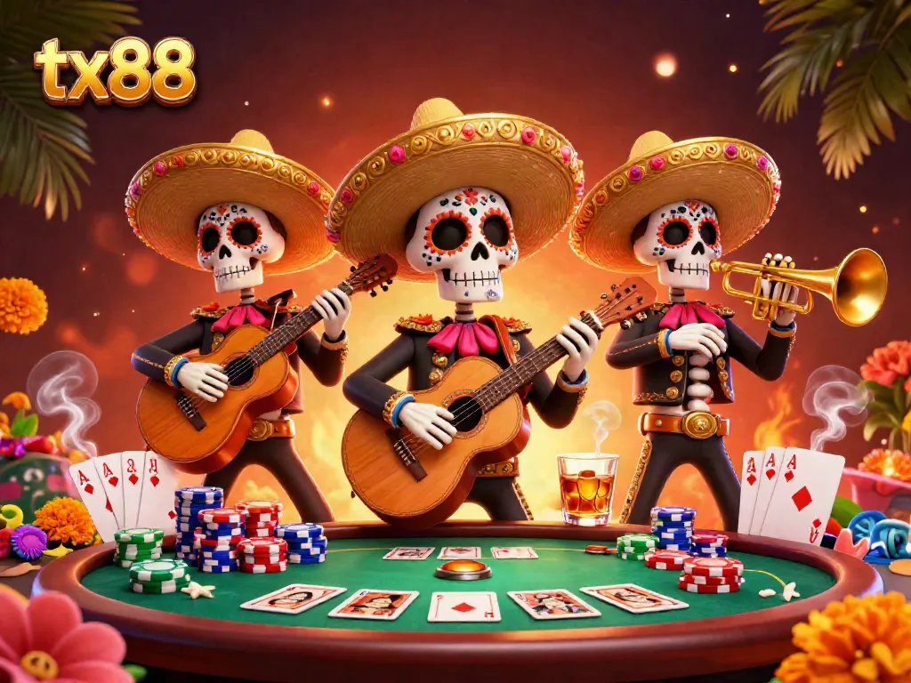 Experience thrilling poker action with tx88, as mariachi skeletons bring vibrant energy to the casino.