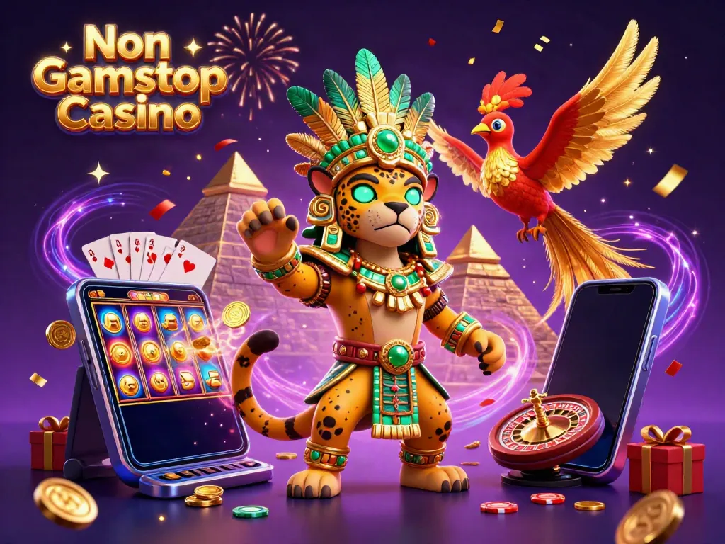 Experience rich visuals at a Non Gamstop Casino with a Mayan priest surrounded by casino elements.