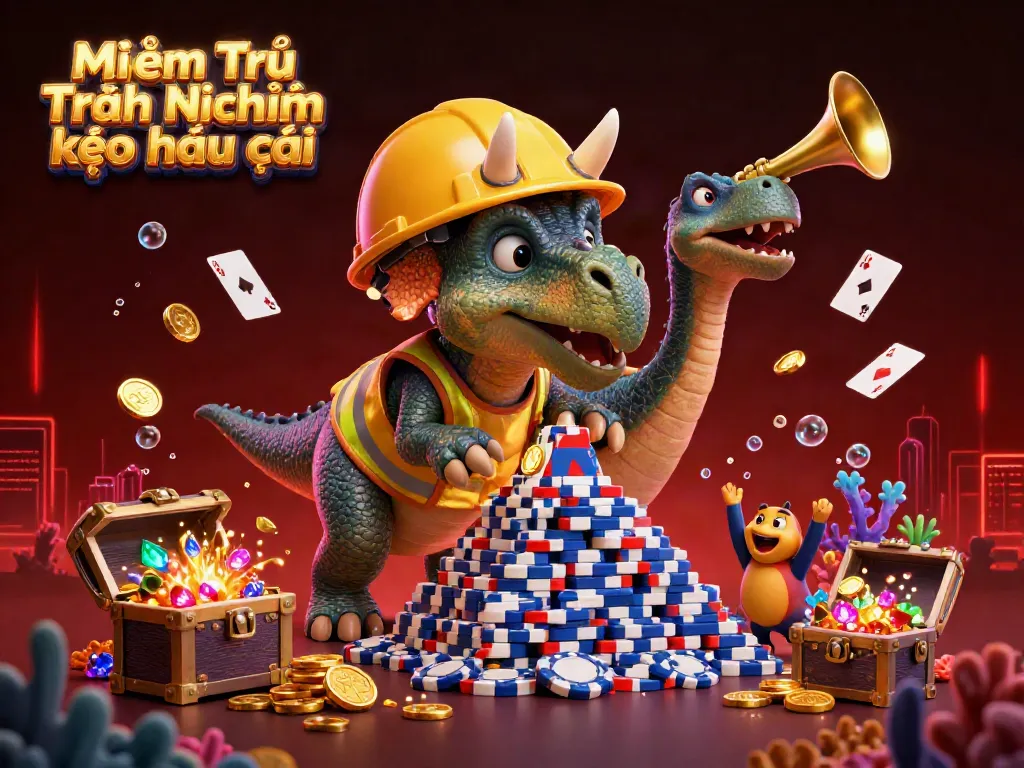 Celebrate safer gaming experiences with Miễn Trừ Trách Nhiệm kèo nhà cái, featuring vibrant casino elements and joyful characters.