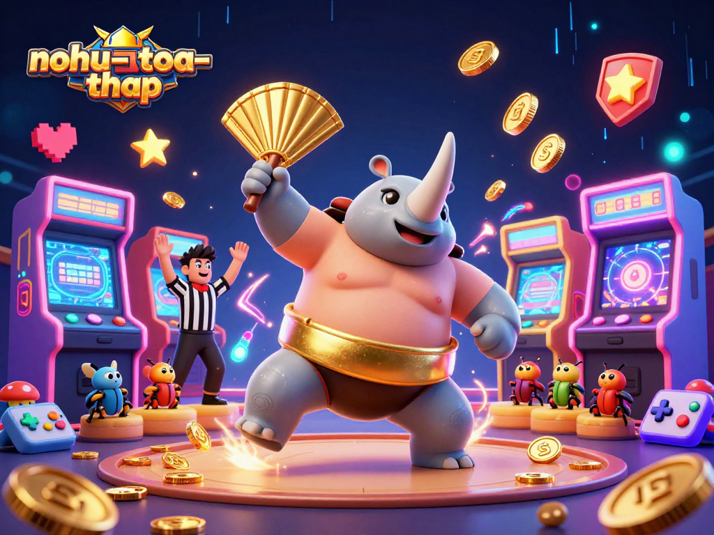nohu-toa-thap game scene with beetle champion, coins flying, vibrant arcade elements