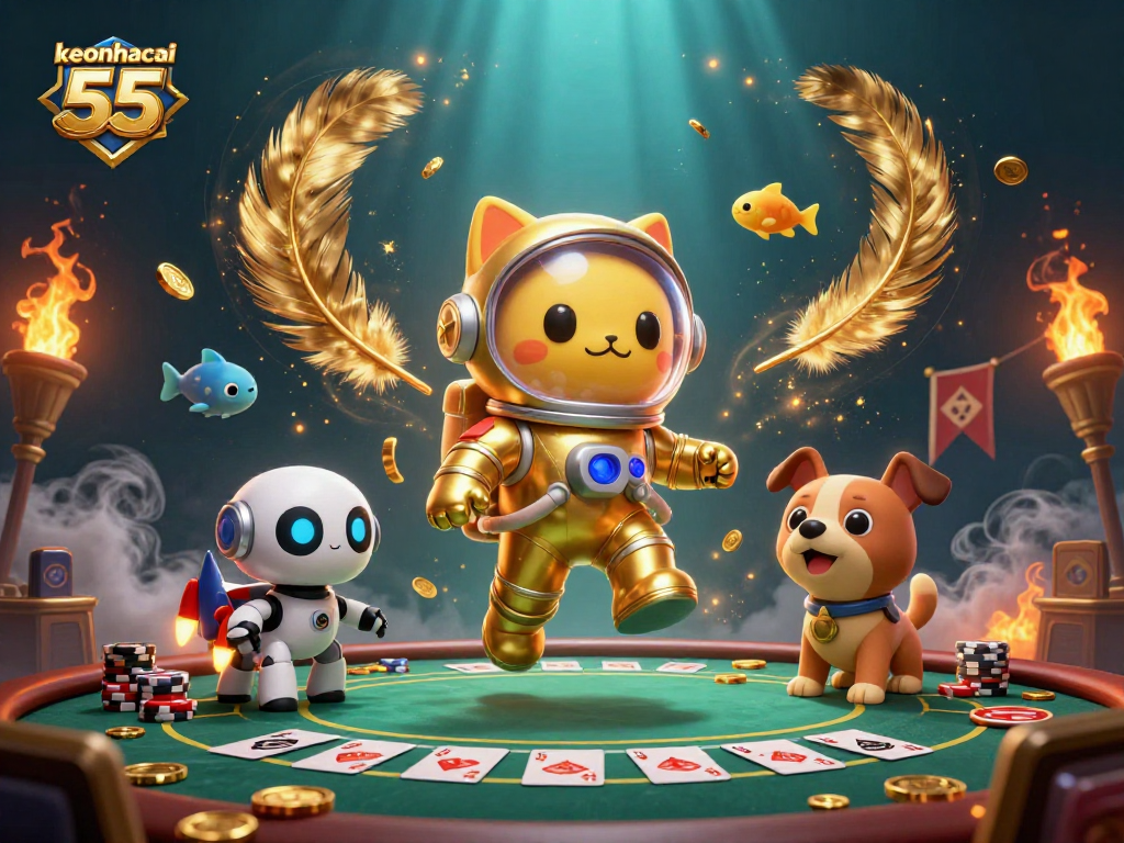 Experience thrilling hands of poker with keonhacai 55 featuring a golden astronaut cat and robotic companions.