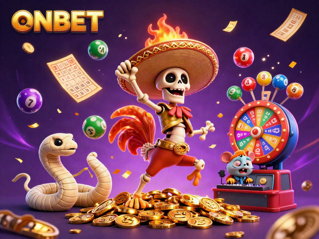 Join the ONBET victory dance with colorful balls and golden prizes amidst a vibrant casino scene!