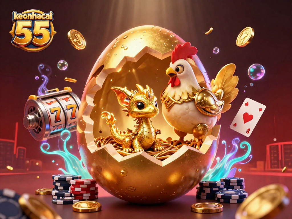 Experience winning thrills with keonhacai 55 featuring a golden dragon and casino elements.