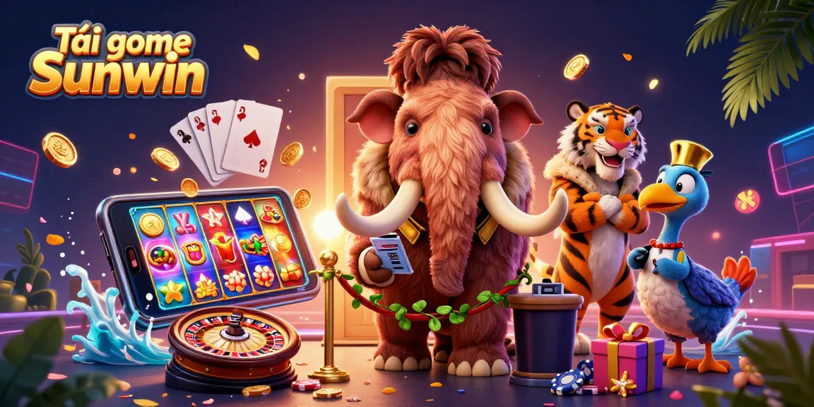 Tải game Sunwin with vibrant casino characters and dynamic gambling elements in a colorful scene.