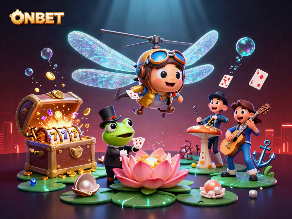 Playing cards and slot reels surround ONBET's dragonfly pilot in this lively casino scene.