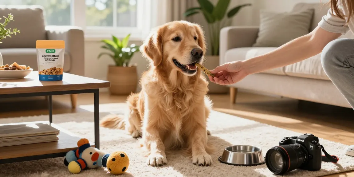 Happy golden retriever receiving CBD North's cbd dog treats in a warm, inviting living room.