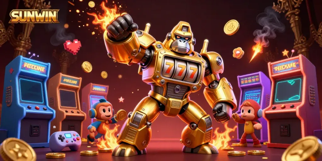 SUNWIN's vibrant 3D casino gaming scene featuring a golden gorilla mech surrounded by arcade elements and coins.