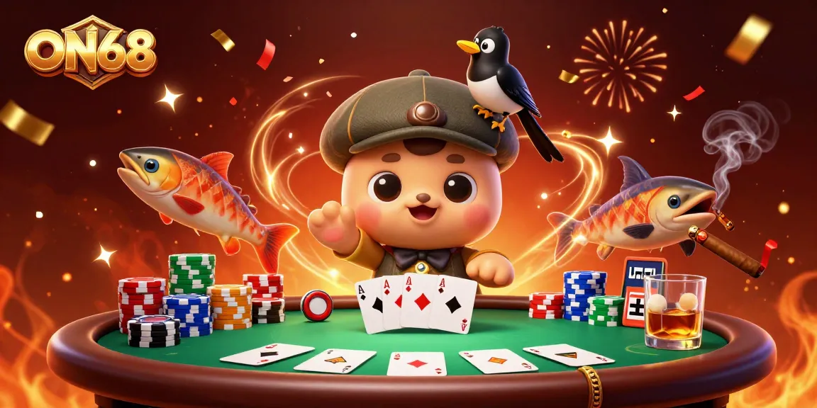 Experience the thrill of poker gameplay at ON68 with colorful characters and vibrant casino elements.