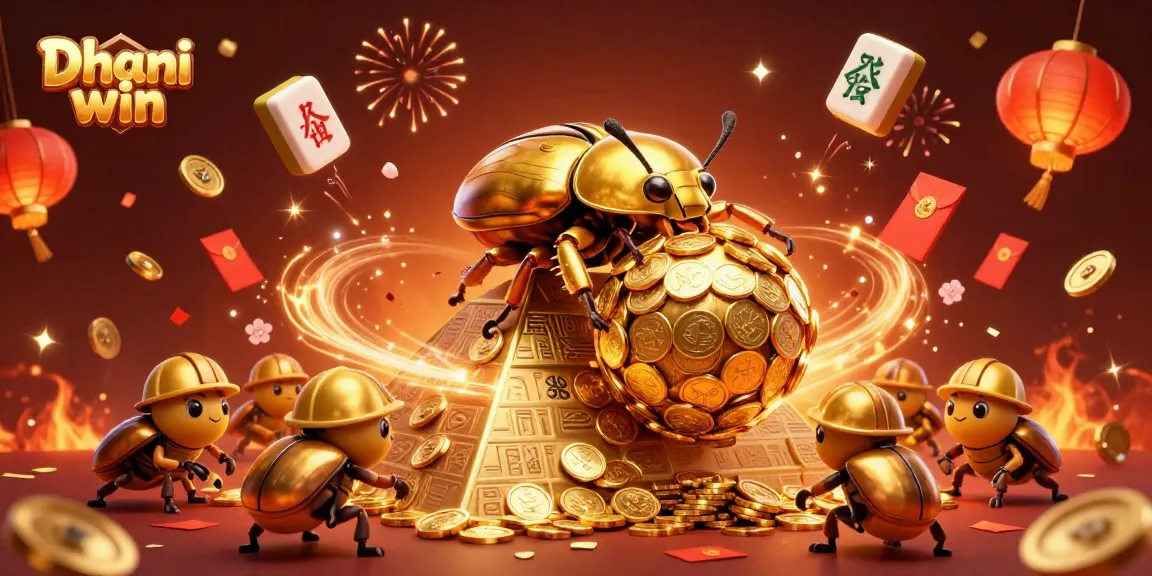 Dhani win platform featuring a vibrant 3D illustration of golden beetles and festive casino elements celebrating gaming.