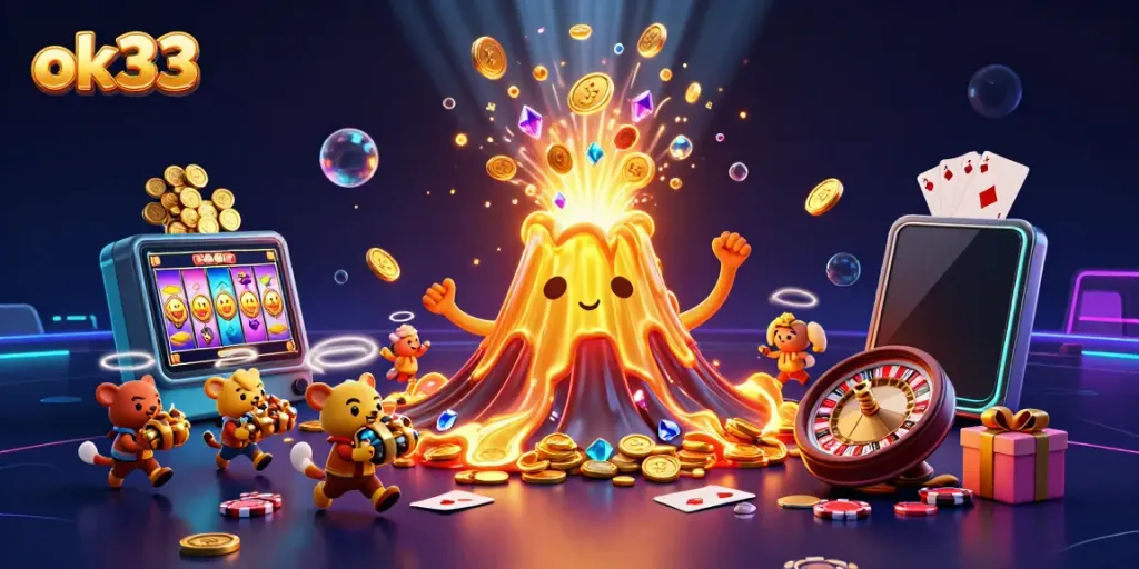 Experience exciting wins at ok33 with a golden volcano erupting treasures and colorful casino elements.