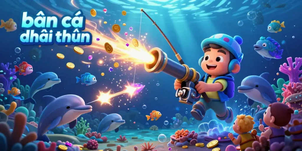 Engage in exciting bắn cá đổi thưởng action with vibrant underwater characters shooting fish and collecting rewards.