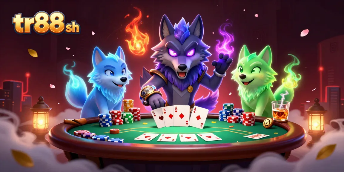 Experience thrilling poker action at tr88 sh with a cartoon wolf leader and vibrant game elements.