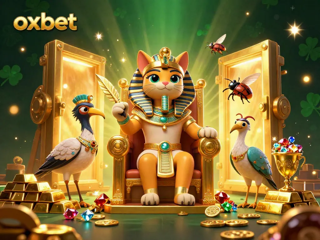 Experience thrilling moments at oxbet with an Egyptian pharaoh cat and treasures in a rich casino scene.