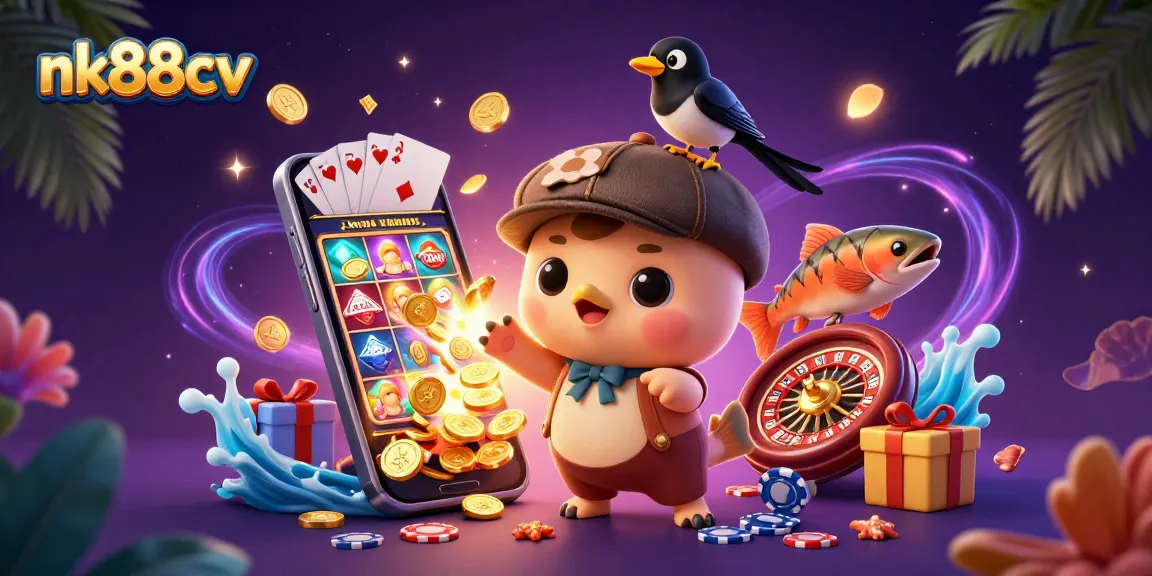 Win big with nk88cv's exciting gaming, featuring vibrant characters and dynamic casino elements.