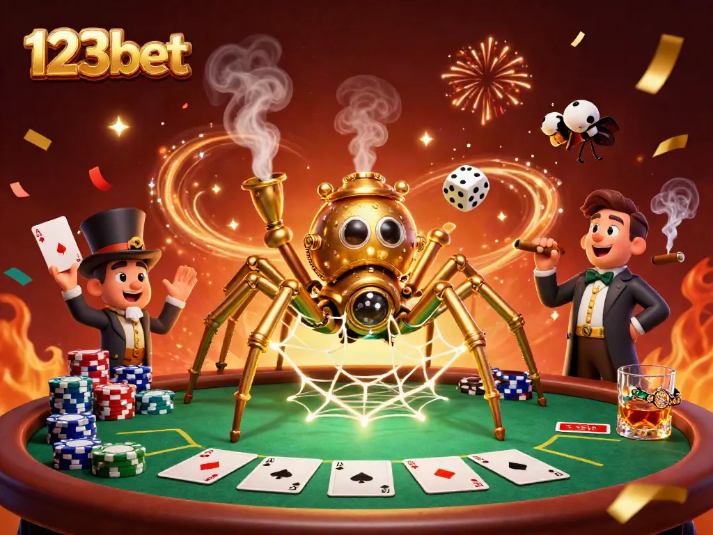Engage with exciting 123bet casino action featuring a steampunk spider webbing golden chips and catching dice.