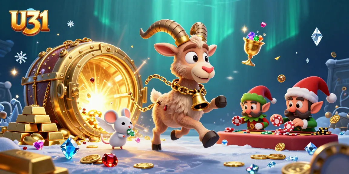 Experience U31's vibrant gaming world with Krampus, angel mouse, and mischievous gremlins in an enchanting casino setting.