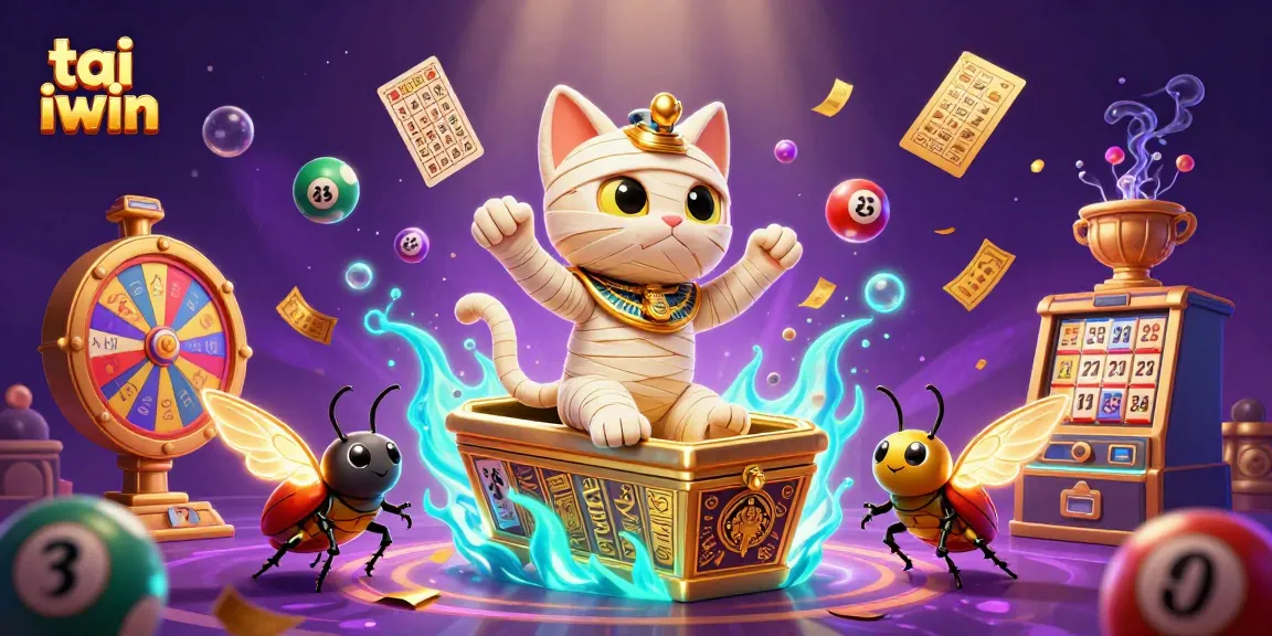 Win big with tai iwin in this vibrant pyramid casino scene featuring a mummy cat and golden lottery elements