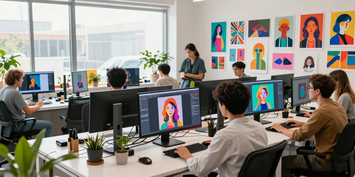 Digital artists collaborating with an AI image generator in a vibrant creative workspace.