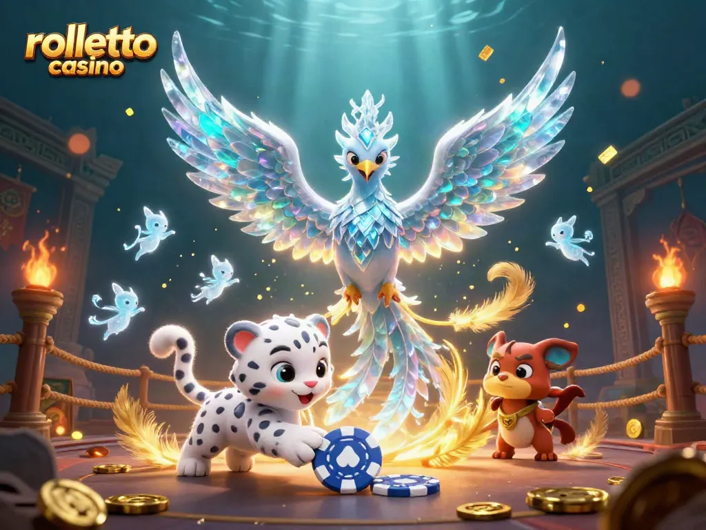Engage with rolletto casino's themed 3D illustration featuring dynamic gaming elements and whimsical characters.