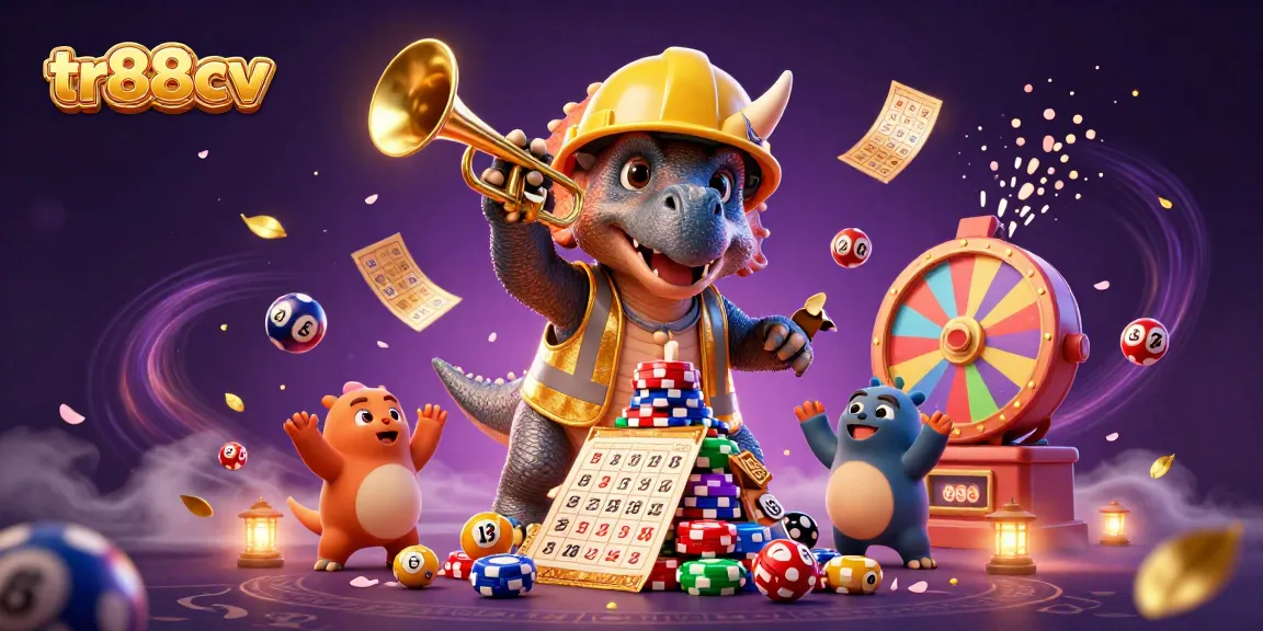Engage with the lively atmosphere of tr88cv as a triceratops builds poker chips amidst colorful lottery balls.