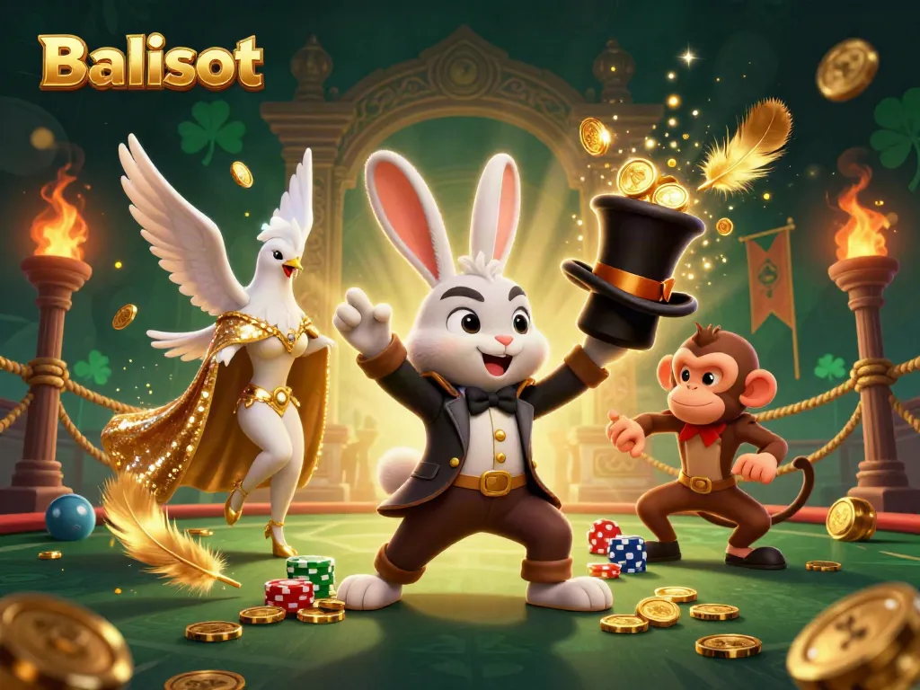 Experience Balislot magic with a whimsical scene of a magician rabbit, dove, and monkey amidst vibrant casino elements.