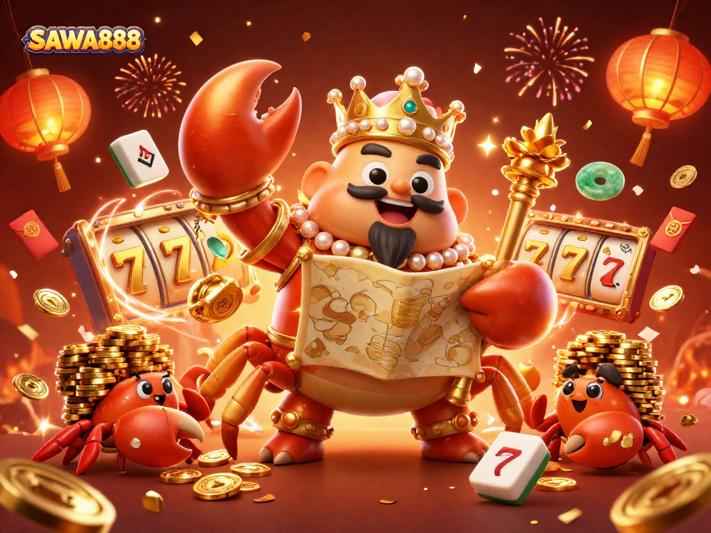 SAWA888 presents golden crab emperor overseeing exciting slot reels and lavish treasures in a vibrant casino scene.
