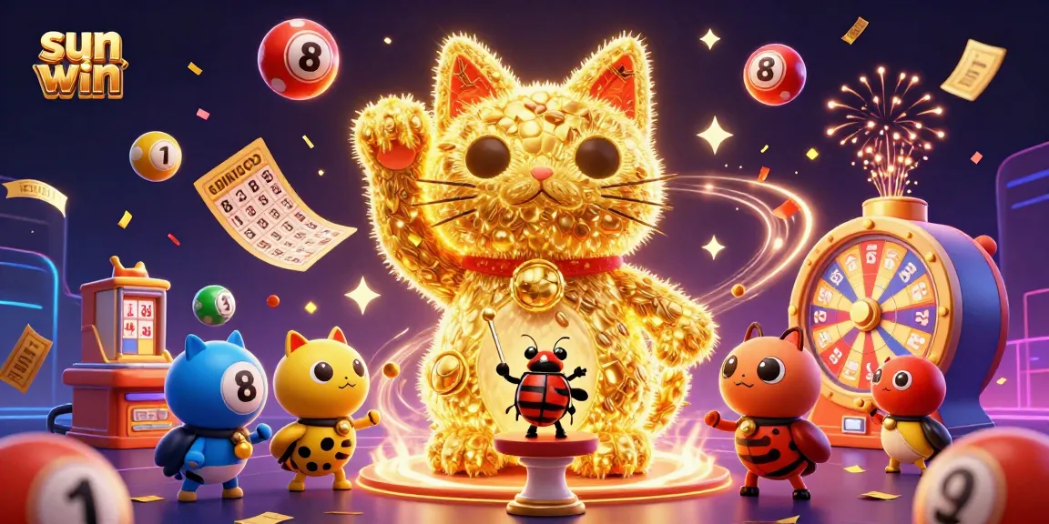 Engage with the sun win world through a vibrant lucky cat illustration bustling with casino elements.