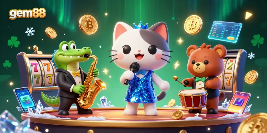 Experience gem88 with vibrant casino characters and glowing game elements, showcasing the excitement of winning.