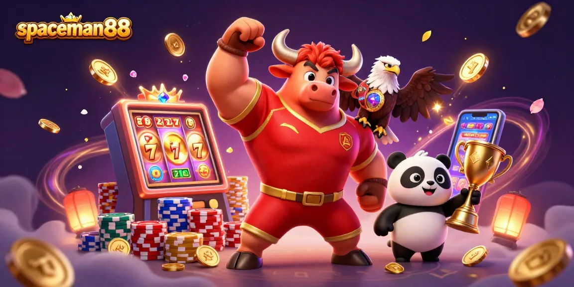 Engage with spaceman88 through a vibrant 3D casino scene featuring winning characters and dynamic game elements.