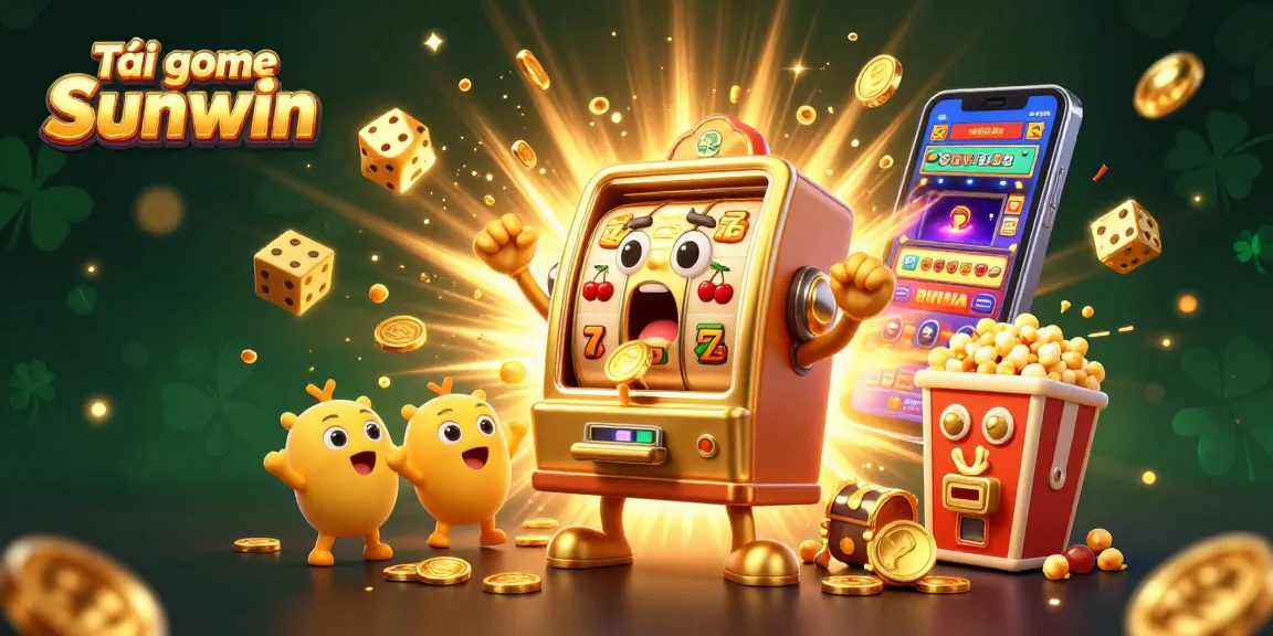 Tải game Sunwin and experience winning with a vibrant 3D casino illustration depicting cheerful slot machines and jackpot excitement.