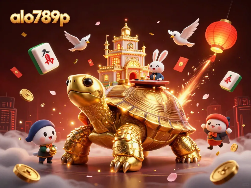 Join the excitement at alo789p, featuring a dynamic scene of a casino tortoise with games and lucky symbols.