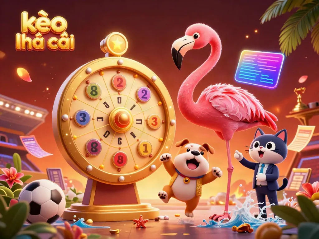 Exciting scene showcasing kèo nhà cái with a game show flamingo, bulldog, and vibrant sports betting elements.