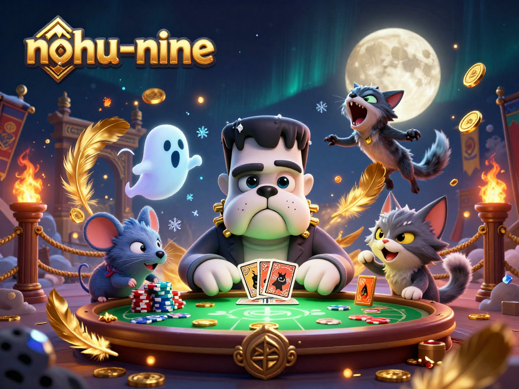 Engage in thrilling nohu-nine gameplay as the cartoon Frankenstein bulldog deals cards at a casino table.