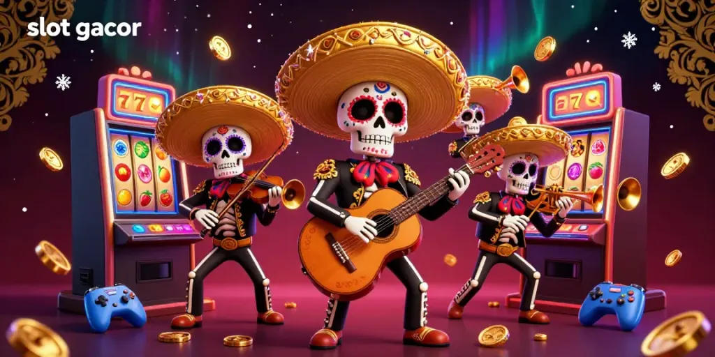 Join the lively scene of the mariachis celebrating slot gacor success with vibrant jackpots and golden coins.