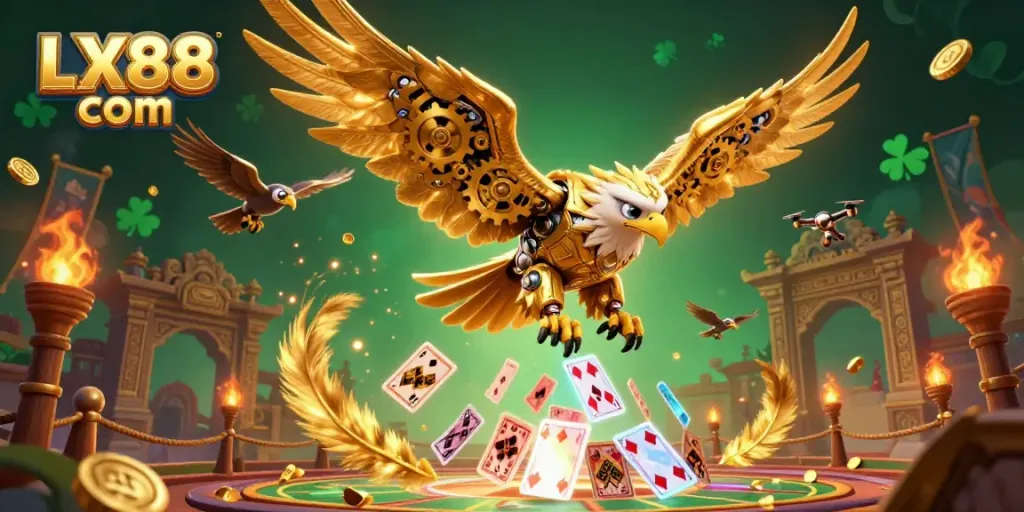 Experience the excitement of LX88 com with a vibrant casino scene filled with flying cards and golden coins.