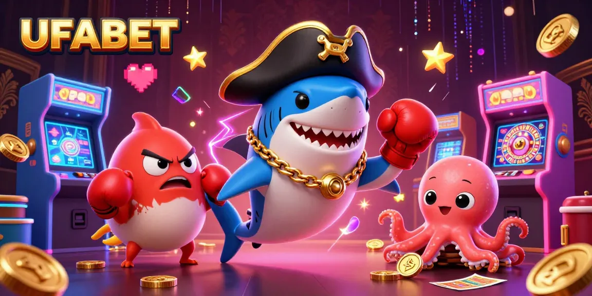 Experience thrilling gaming adventures with UFABET's cartoon characters in a vibrant casino atmosphere.