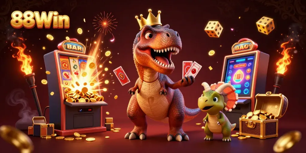 Experience the excitement of 88Win with playful dinosaurs at a vibrant casino scene.
