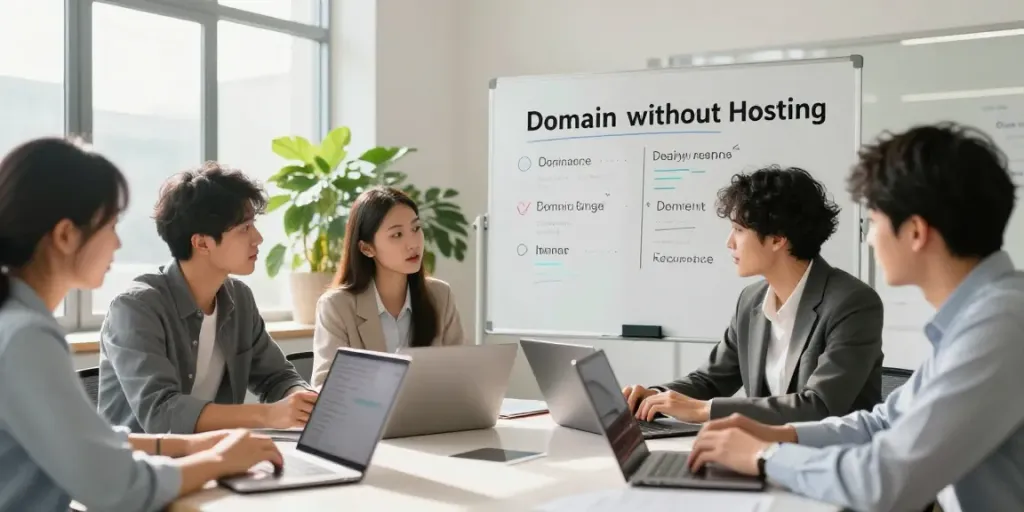 Team discussing the buy domain without hosting options in a modern office.