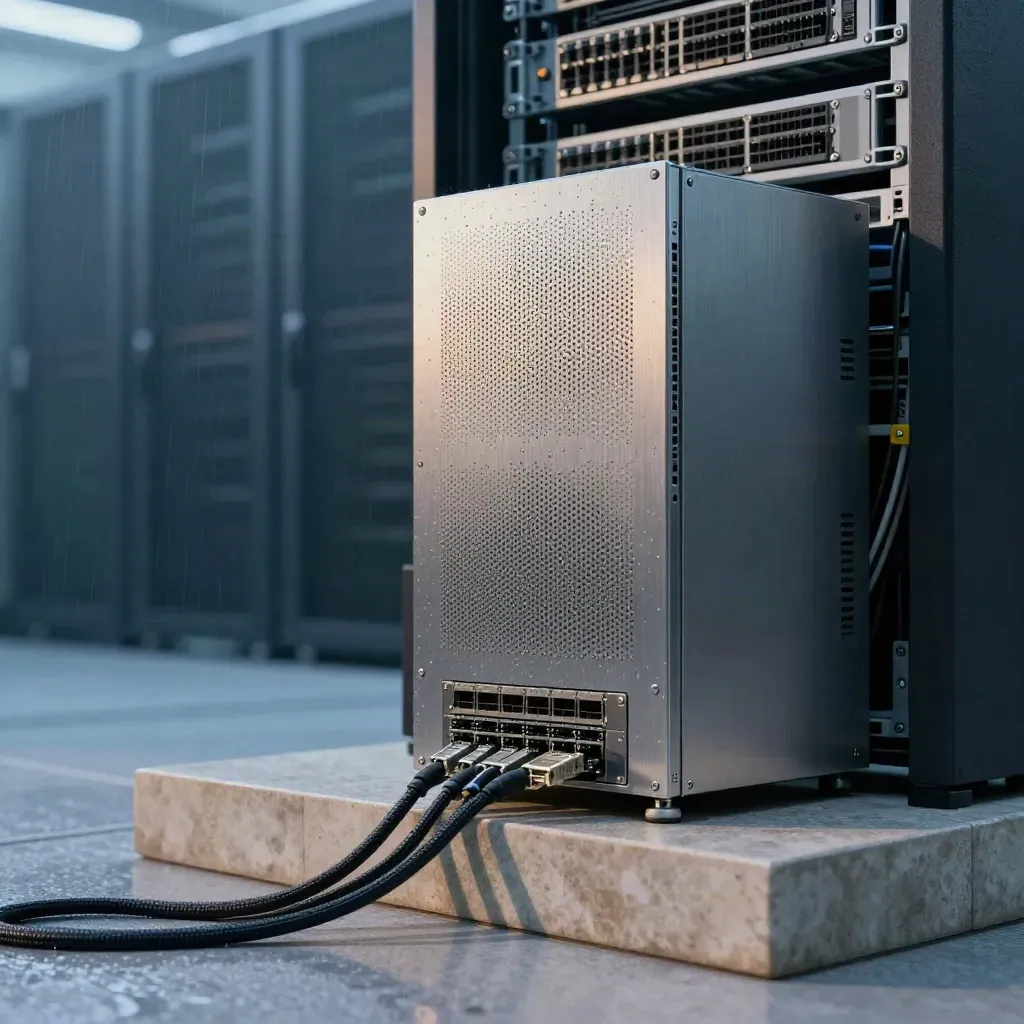 Brushed network appliance with braided cables and SSD sleds on a wet stone plinth in blue-hour mist.