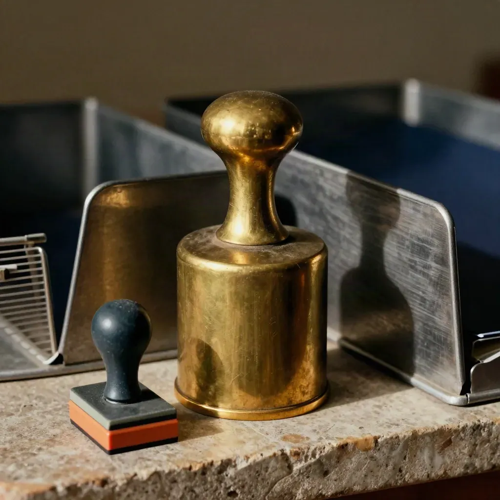 Brass desk weight with archive trays, rubber stamp block and folder rails on warm stone in moody studio light