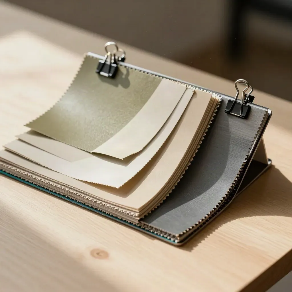 Overhead macro of sample swatches, magnetic clips and an aluminium portfolio stand on pale wood.