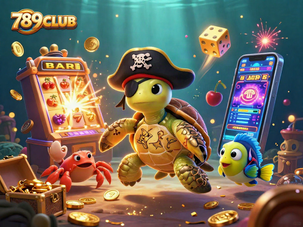 Engage with captivating 789CLUB gameplay as a vibrant 3D turtle, crab, and parrotfish navigate a treasure-filled casino.