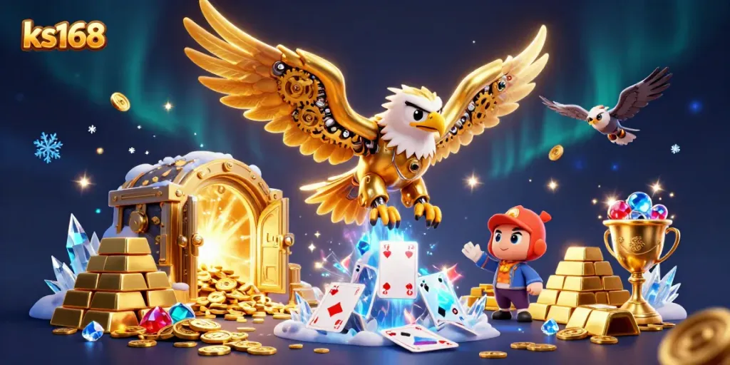 Experience the excitement of casino gameplay with ks168 featuring a golden eagle flying through a treasure-filled scene.