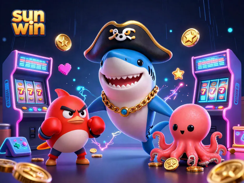 Experience the exhilarating world of sun win with a thrilling casino scene featuring a vibrant pirate shark and gold coins.