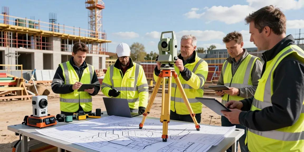 Measured building survey London with surveyor using Total Station at construction site