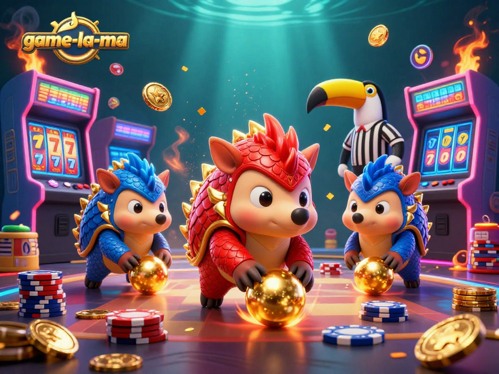 Engage with thrilling gameplay at game-la-ma featuring pangolins competing among poker chips and arcade machines.