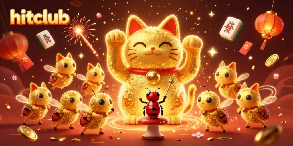 Experience the vibrant energy of hitclub with a lucky cat and golden symbols in this detailed digital illustration.