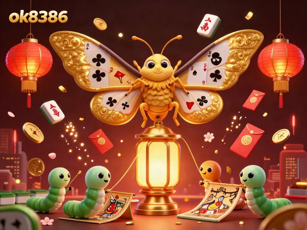 Experience the excitement of ok8386 with a vibrant 3D casino scene featuring an atlas moth and casino elements.